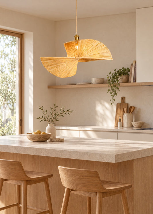 Artika Design piramit form bambu sarkıt lamba 40 cm, mutfak adası üzerinde yanarken