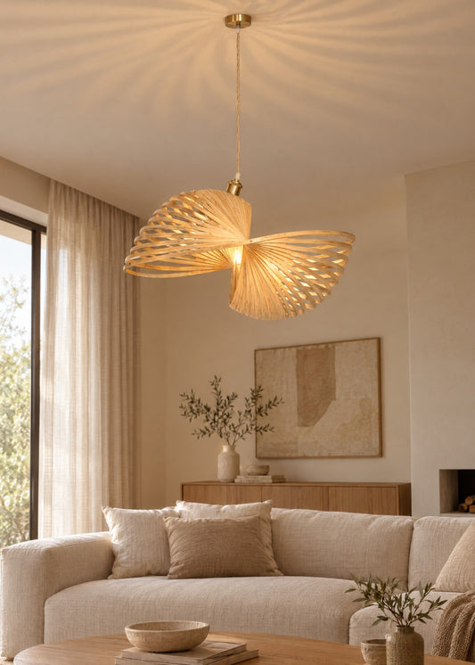 Artika Design hazeran form bambu sarkıt lamba 70 cm, salonda yanarken