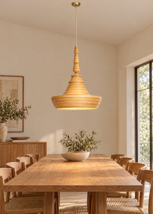 Artika Design Marrakesh form bambu sarkıt lamba, yemek masası üzerinde yanarken