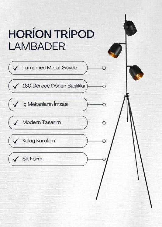 Horion Tripod Siyah Metal Lambader – görsel 2