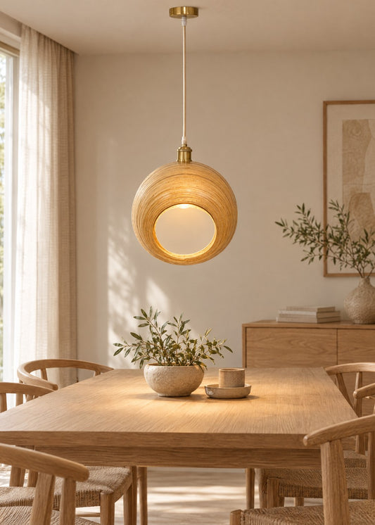 Artika Design istiridye form bambu sarkıt lamba Ç.35 cm, yemek masası üzerinde yanarken