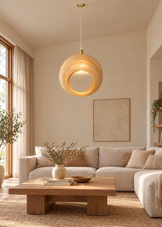 Artika Design istiridye form bambu sarkıt lamba Ç.50 cm, salonda yanarken