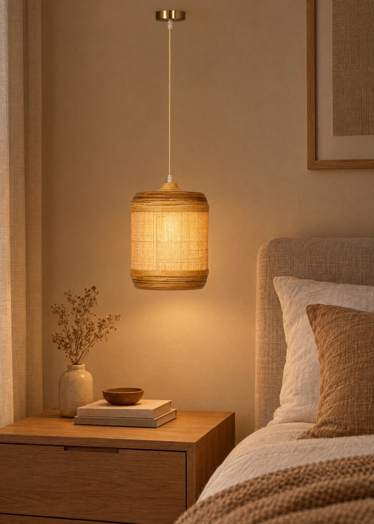 Artika Design hazeran örgü bambu sarkıt lamba 25 cm, yatak odasında komodin üzerinde yanarken