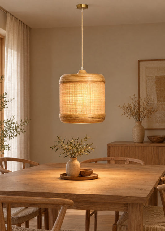 Artika Design hazeran örgü bambu sarkıt lamba 35 cm, yemek masası üzerinde yanarken