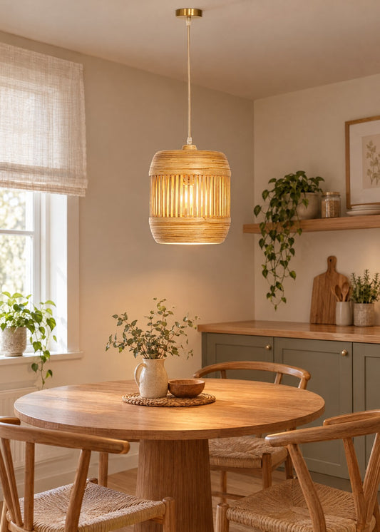 Artika Design silindir form bambu sarkıt lamba 35 cm, yemek masası üzerinde yanarken