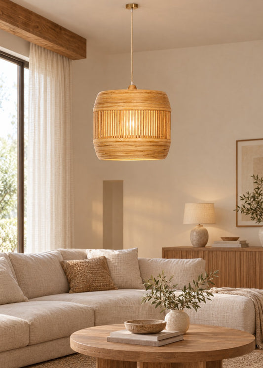 Artika Design silindir form bambu sarkıt lamba 50 cm, salonda yanarken