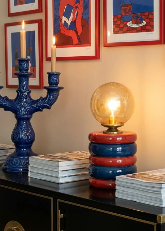 Mystic Shine Design Lumos Red & Navy kırmızı lacivert seramik masa lambası, mekânda kullanım